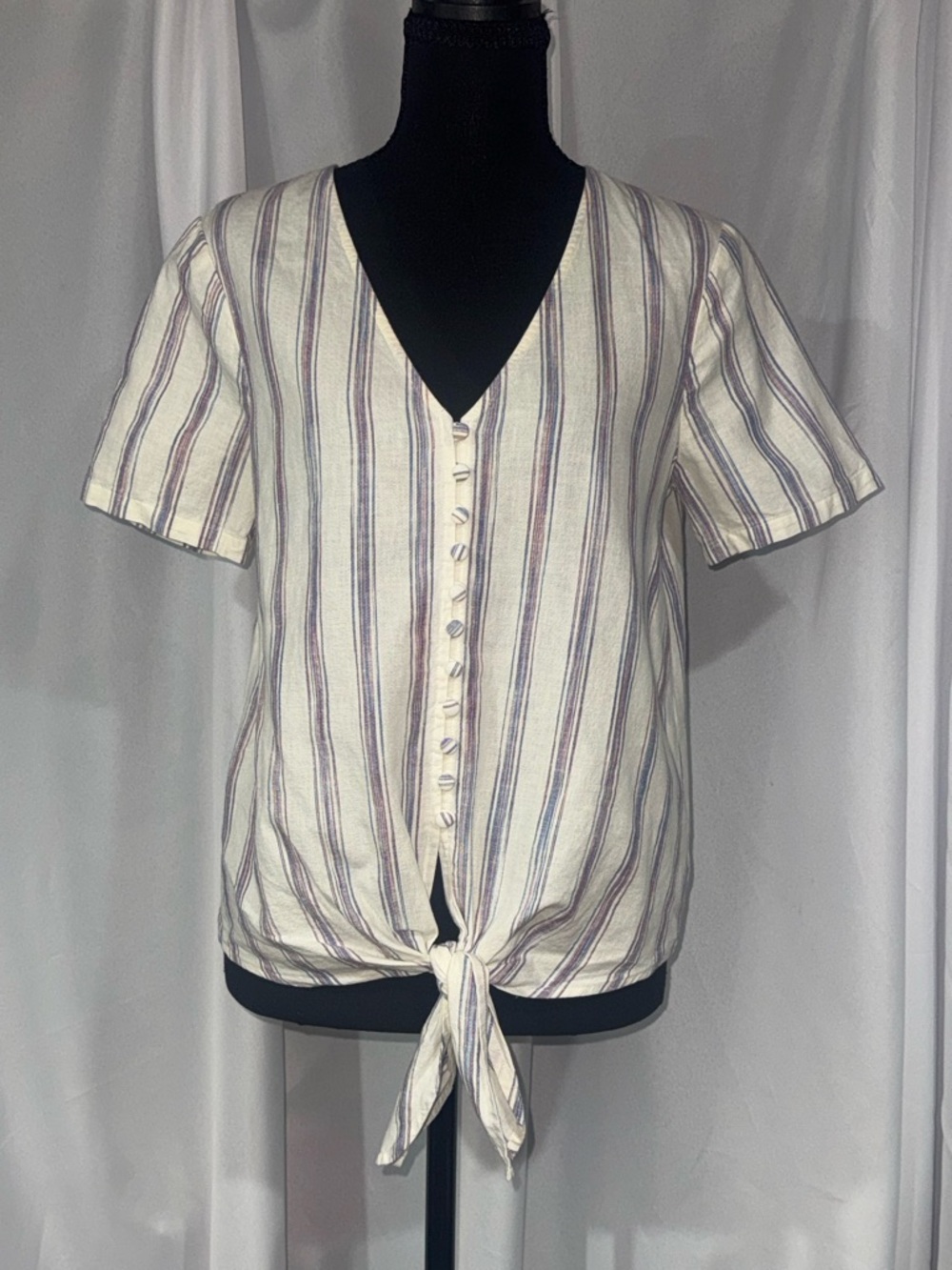 Madewell Cream Button-Front Tie-Hem Top with Blue & Purple Stripes